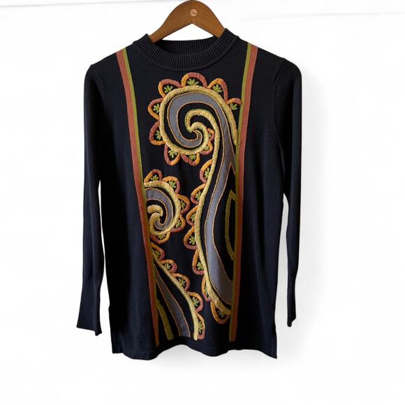 Bob Mackie Wearable Art Black Embroidered Paisley Sweater XS Long Sleeve - Picture 1 of 7